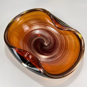Vtg Murano Alfredo Barbini Bowl Amber Root Beer Silver Swirl Art Glass 60s